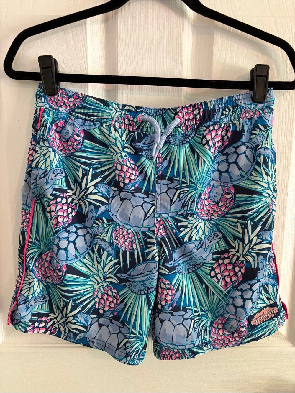 Vineyard Vines Boys Tropical Turtle & Pineapple Swim Trunks - Blue & Pink - 8-10